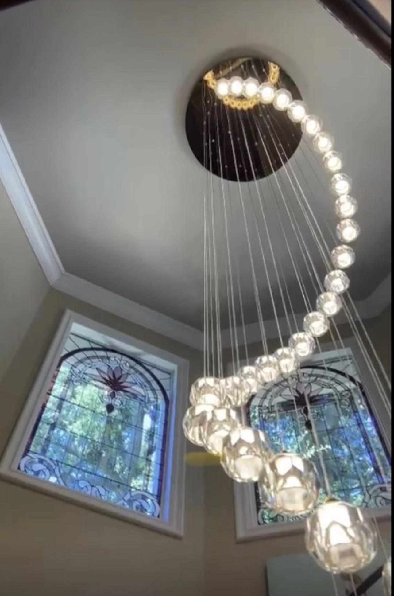 Close-up of a cascading crystal chandelier